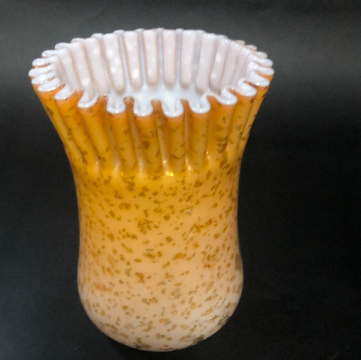 APRICOT SPANGLED CASED GLASS RUFFLED VASE