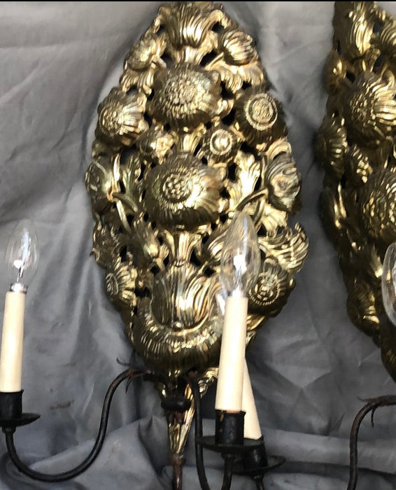 PAIR OF BRASS AND IRON SCONCES