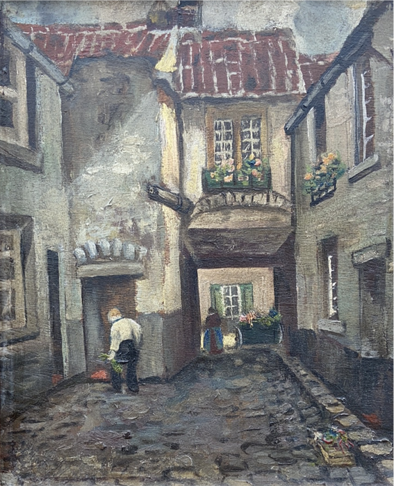 SMALL OIL PAINTING OF 2 PEOPLE ON A COBBLE STONE STREET