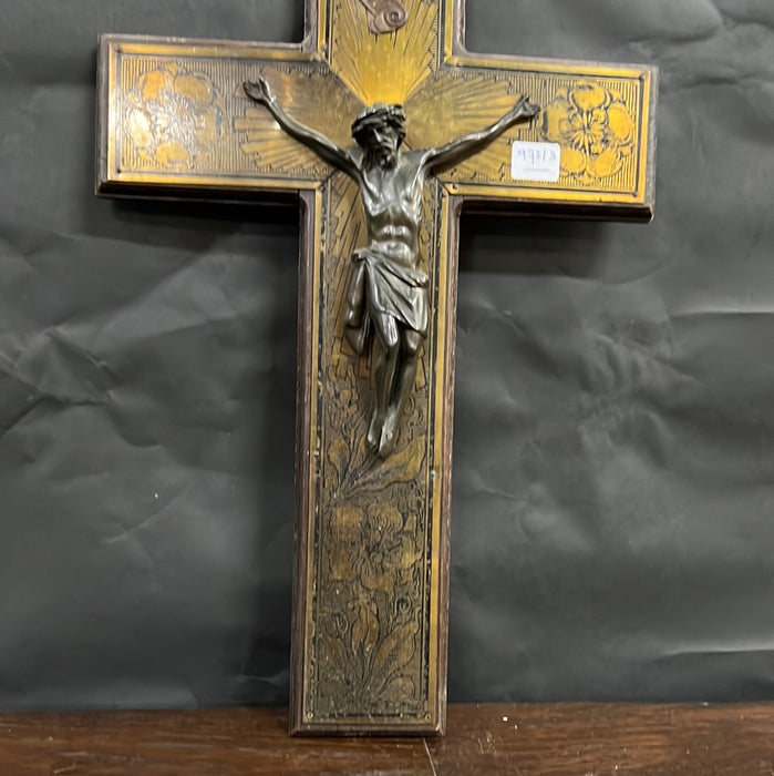 WOOD AND ENGRAVED BRASS WALL CRUCIFIX