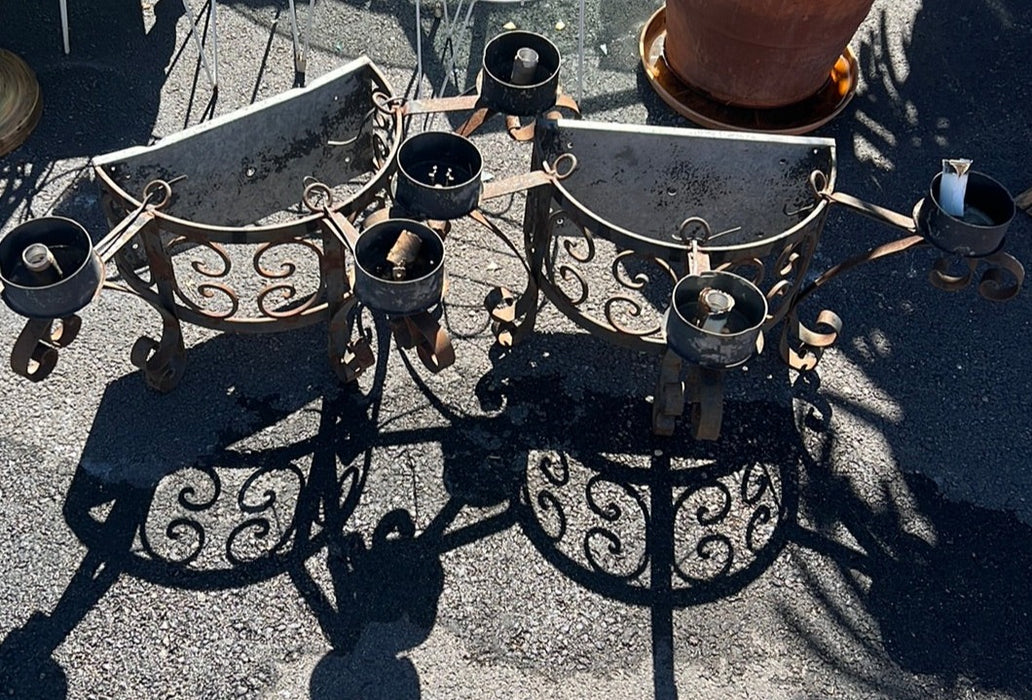 PAIR OF SPANISH IRON DEMI LUNE 3 ARM SCONCES