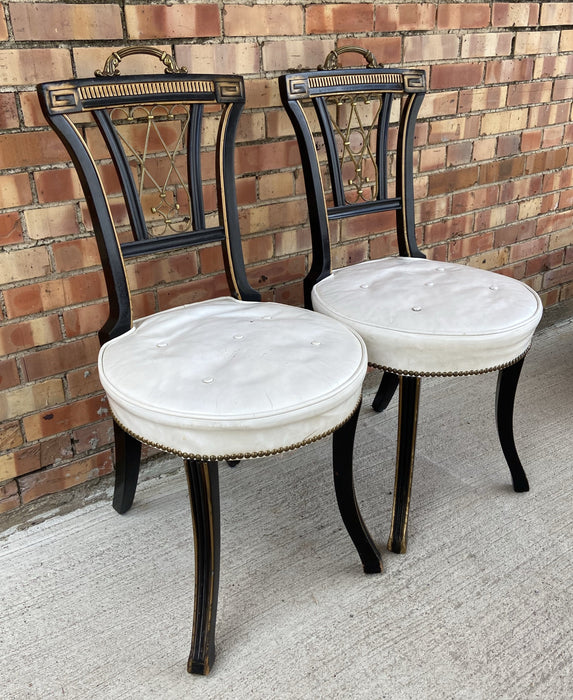 PAIR OF BLACK HALL CHAIRS WITH WHITE SEATS