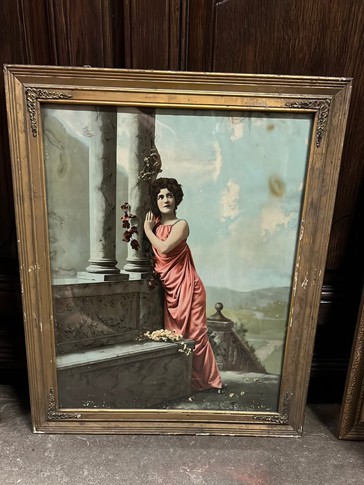 LITHOGRAPH EDWARDIAN ERA WOMAN WITH BLUE BACKGROUND