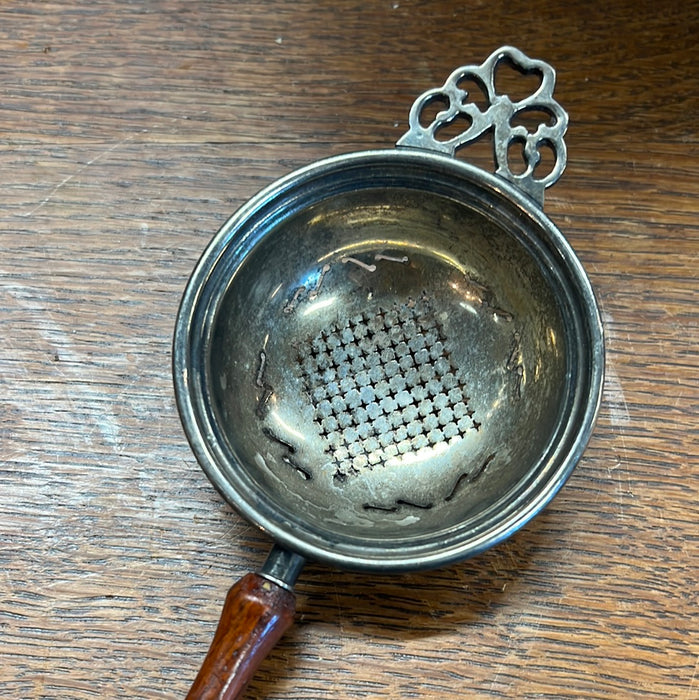 LARGE SILVERPLATE TEA STRAINER WITH WOOD HANDLE