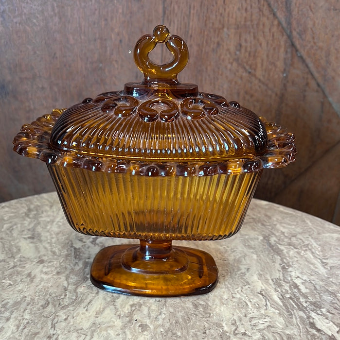 AMBER GLASS LIDDED BUTTER DISH