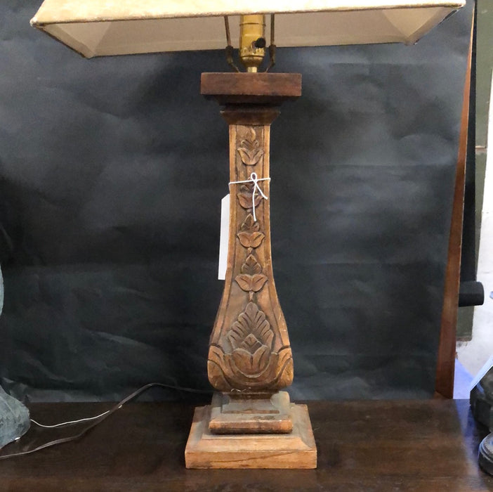 WOOD LAMP AND SHADE WITH CARVED LEAVES