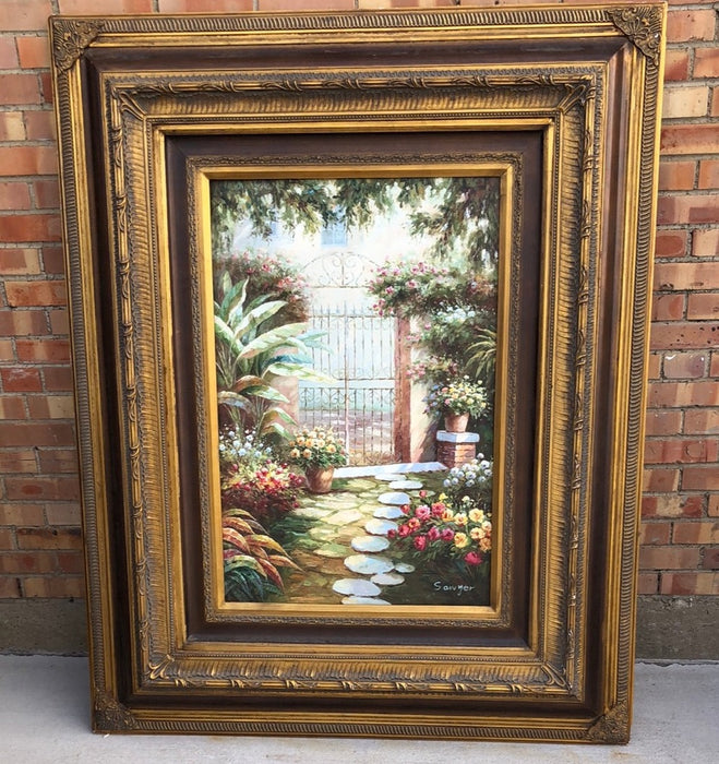 LARGE GOLD AND BLACK FRAME WITH OIL PAINTING OF GARDEN