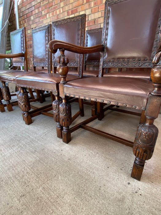 SET OF 8 OAK AND LEATHER TUDOR STYLE CHAIRS