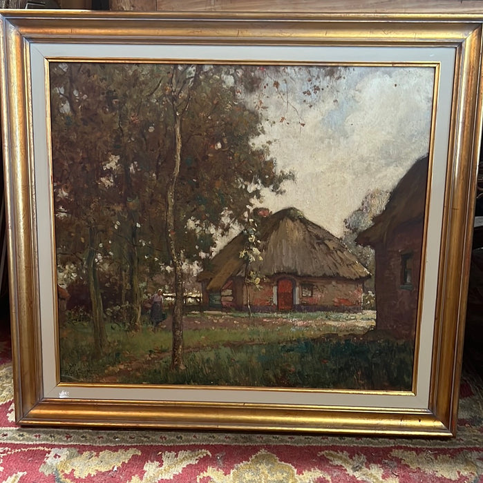 THATCHED COTTAGE OIL PAINTING ON BOARD ALFRED VAN NESTE