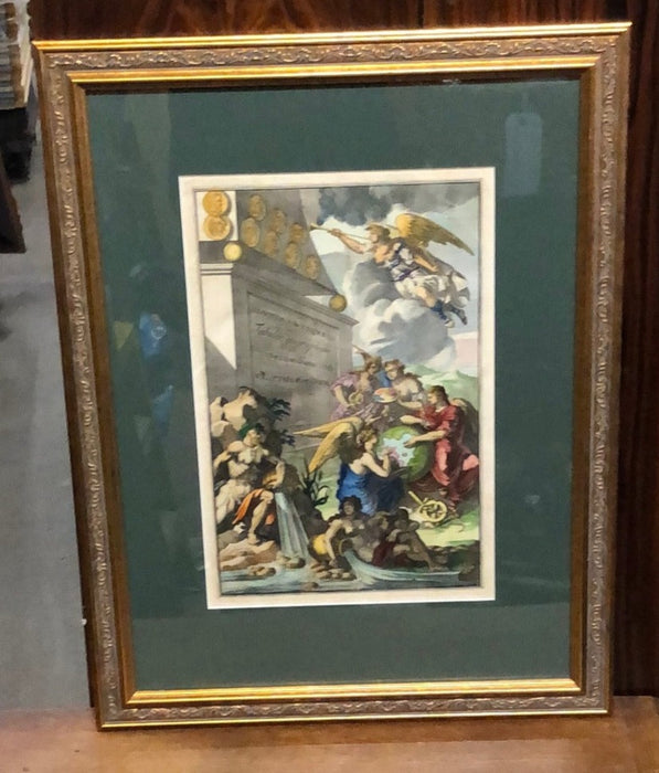 FRAMED HAND COLORED ENGRAVING WITH ANGELS