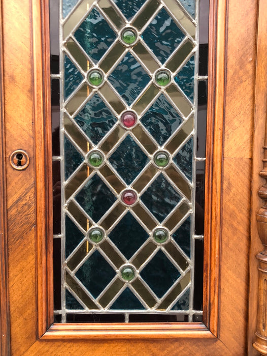 STAINED GLASS WALNUT HUNT CABINET WITH RONDELLS