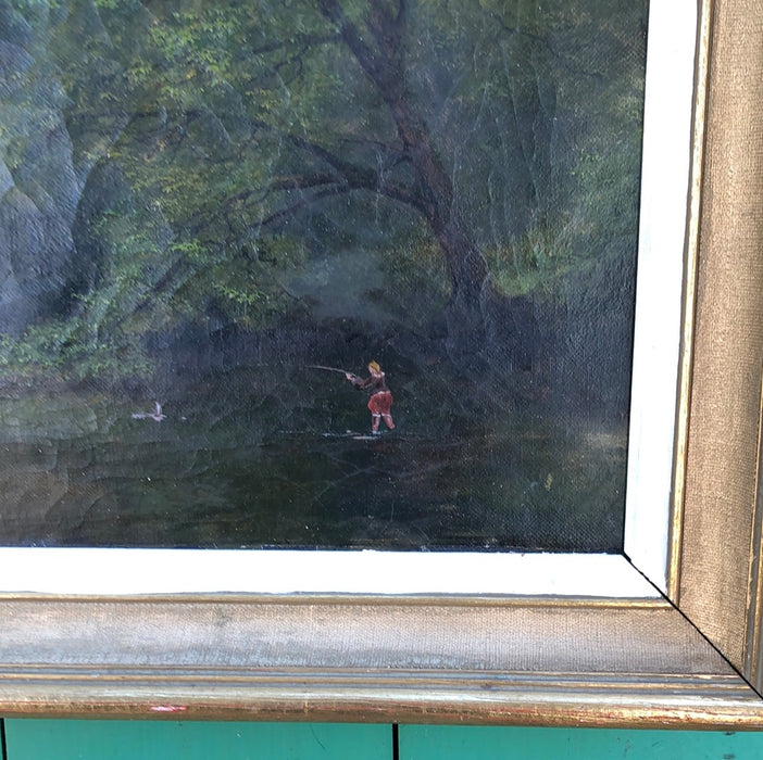 GOLD FRAMED 19TH CENTURY OIL PAINTING OF A BOY FISHING ON A RIVER SIGNED J.M. CARRICK