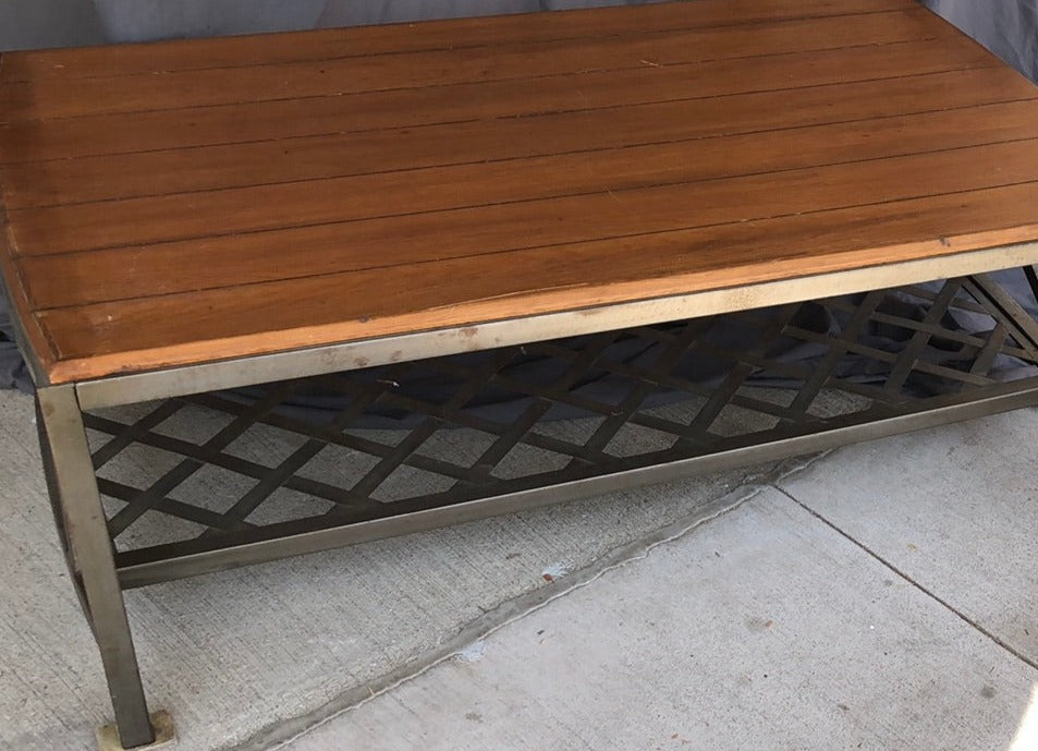 LARGE METAL COFFEE TABLE WITH WOOD TOP