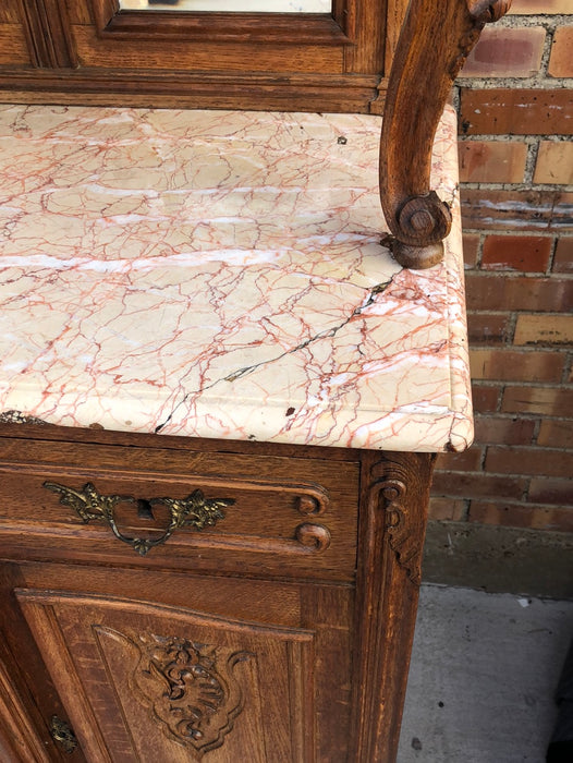 MARBLE TOP CARVED LOUIS XV LEADED AND BEVELED GLASS ROCOCO OAK BUFFET