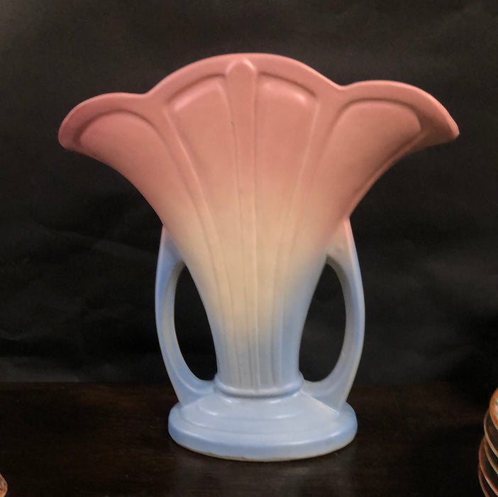 PINK WHITE AND BLUE USA POTTERY FAN VASE