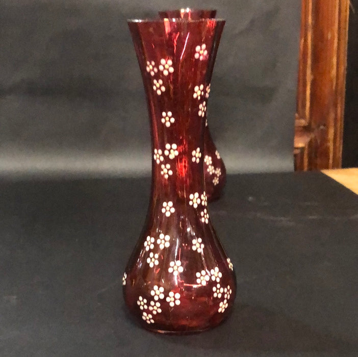 PAIR OF CRANBERRY VASES WITH ENAMELED FLOWERS