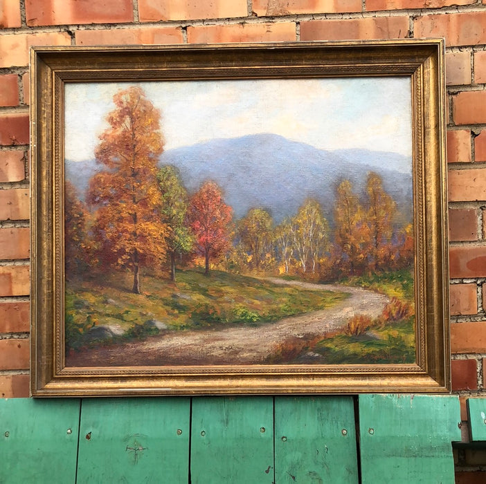 FRAMED AUTUMN ROAD WITH MOUNTAINS OIL PAINTING  ON CANVAS