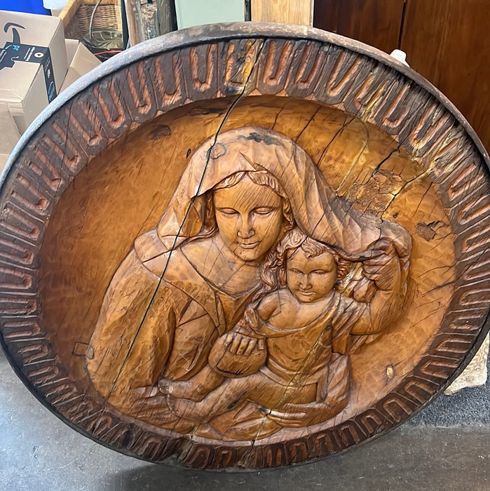 LARGE ROUND MARY AND JESUS CARVED PLAQUE