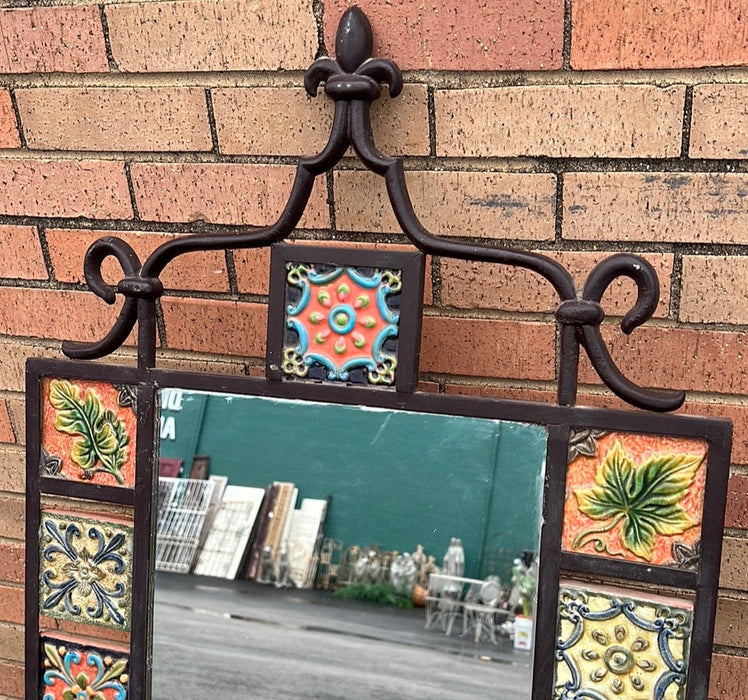 CAST IRON MIRROR WITH COLORFUL GLAZED TERRA COTTA TILES