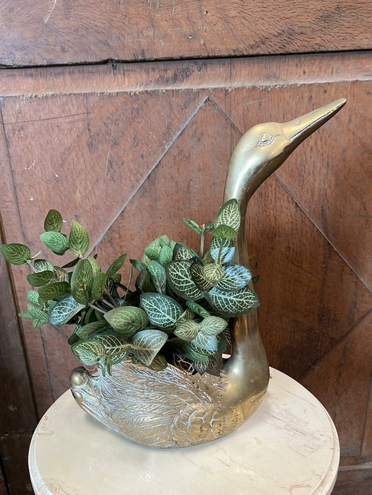 BRASS SWAN PLANTER WITH FAUX PLANT