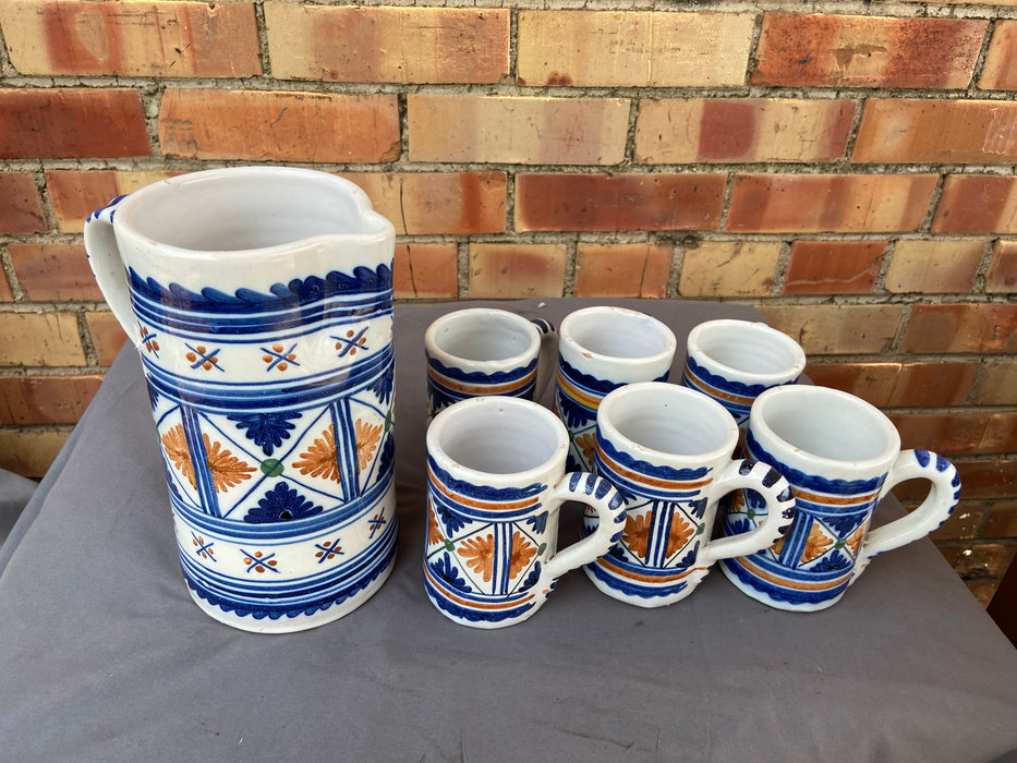 STONEWARE SET OF PITCHER AND 6 MUGS