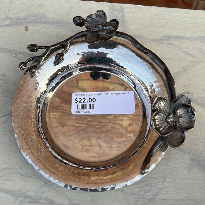 SILVER PLATE DISH WITH BRONZE ADORNMENT