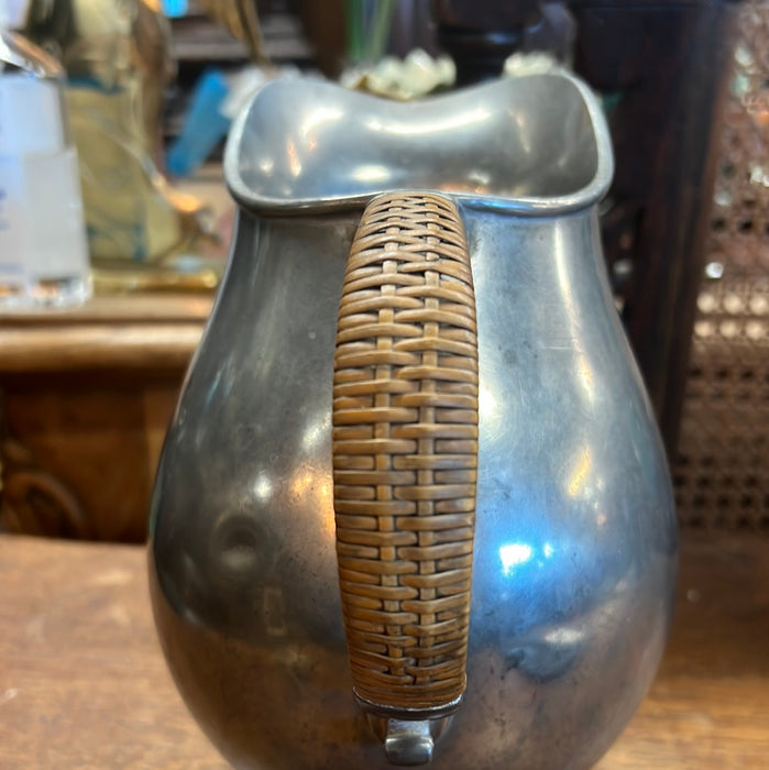 PEWTER PITCHER WITH RATTAN HANDLE