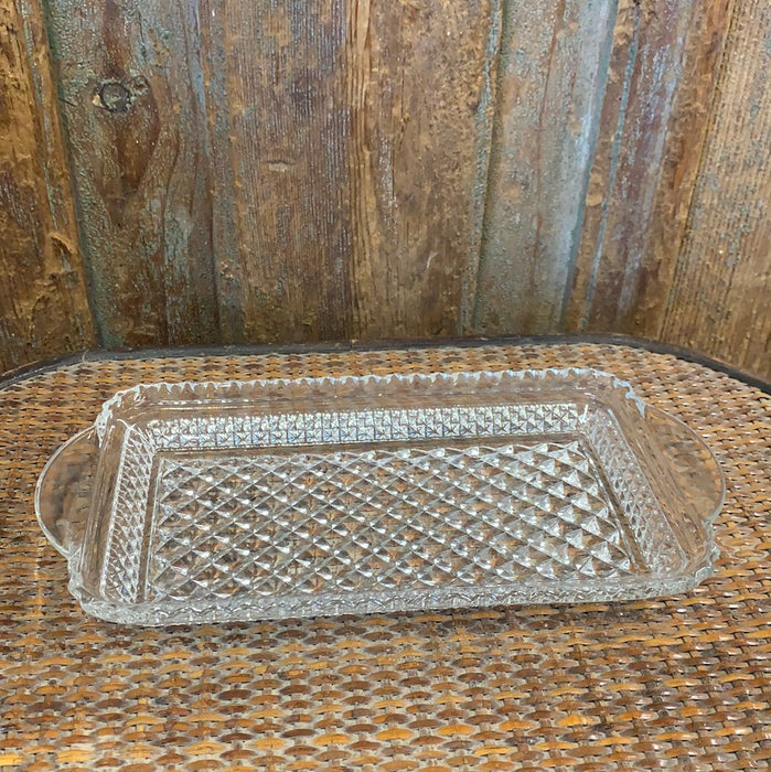 10" RECTANGULAR PRESSED GLASS TRAY WITH HANDLES