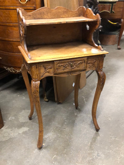 TIERED LIGHT OAK FRENCH STAND WITH DRAWER