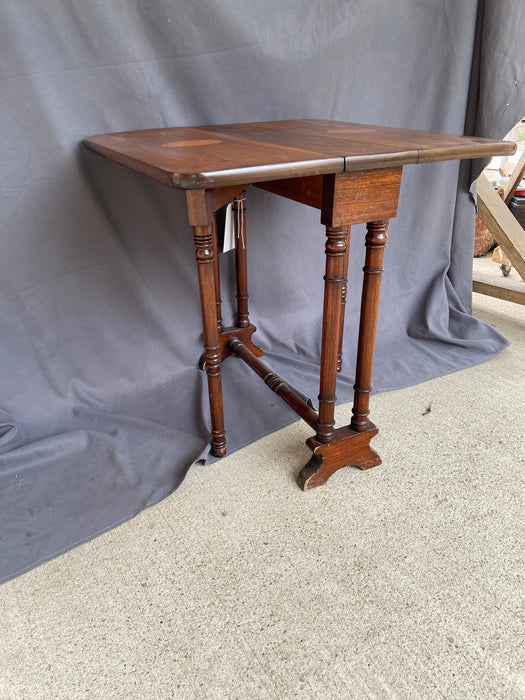 SMALL EDWARDIAN DROPLEAF TABLE WITH INLAID FLORAL - AS IS FINISH