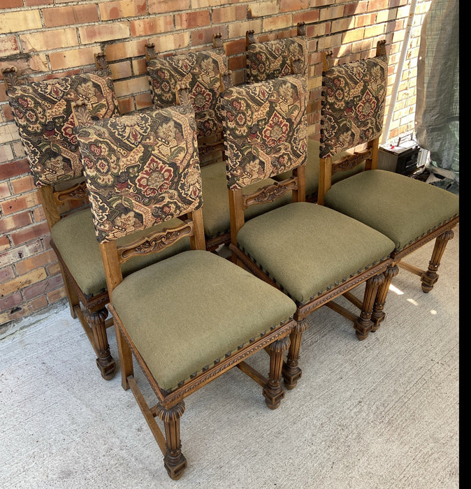 SET OF 6 ITALIAN GREEN UPHOLSTERED CHAIRS WITH FLUTED LEGS