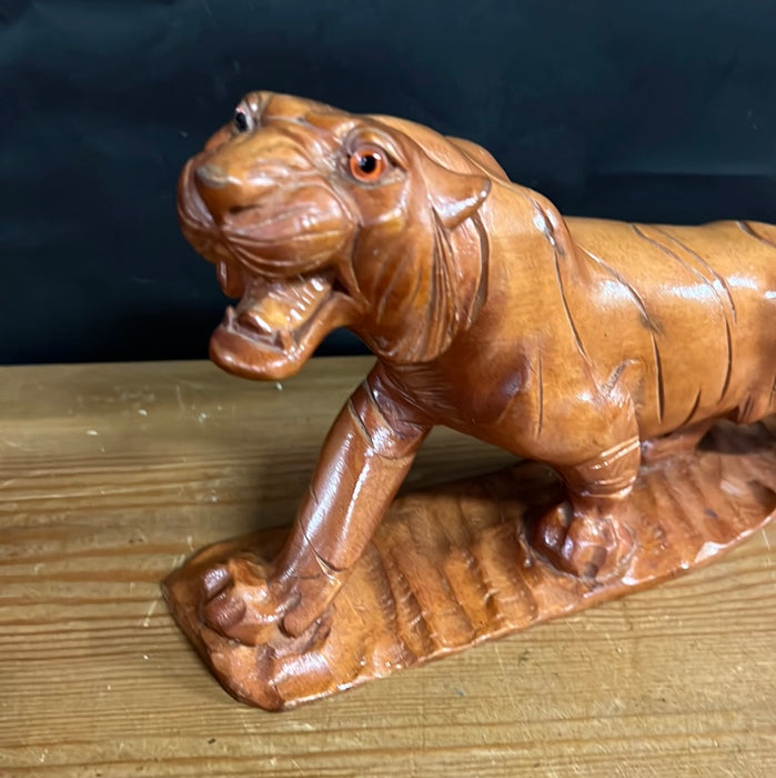 VINTAGE CARVED WOOD TIGER WITH GLASS EYES