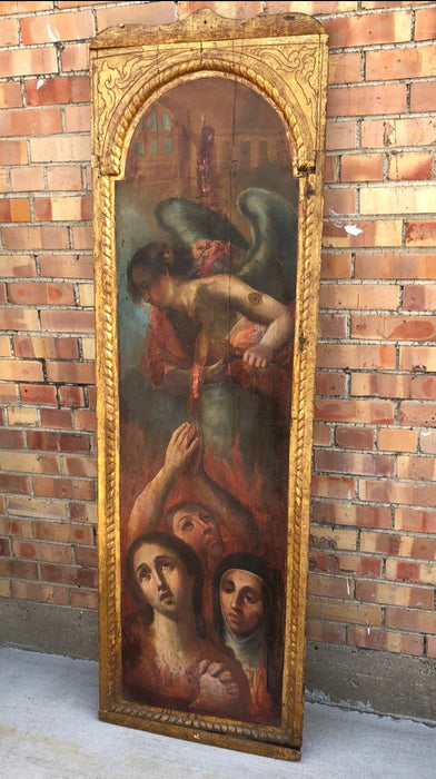 18TH CENTURY TALL PAINTED AND GILT WOOD PANEL WITH ANGELS