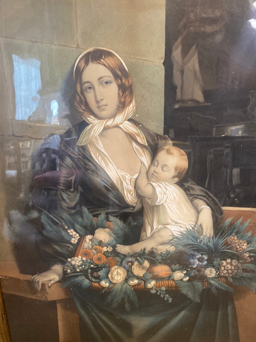 FLOWER LADY WITH BABY LITHOGRAPH IN GILT FRAME