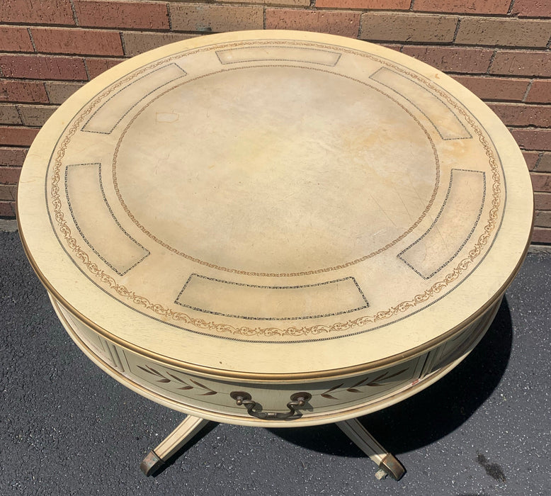 PAINTED DUNCAN PHYFE STYLE DRUM TABLE WITH DRAWER