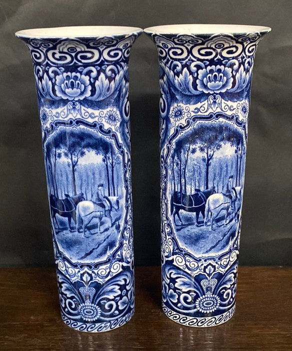 PAIR OF SMALL CYLINDRICAL DELFT VASES WITH HORSES