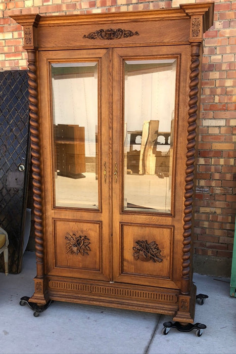 GREEN MAN LOUIS XIII BEVELED GLASS OAK BOOKCASE