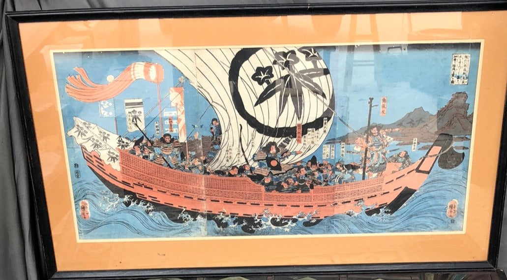 EARLY JAPANESE WAR SHIP PAINTING-SIGNED UTAGAW HIROSIGE