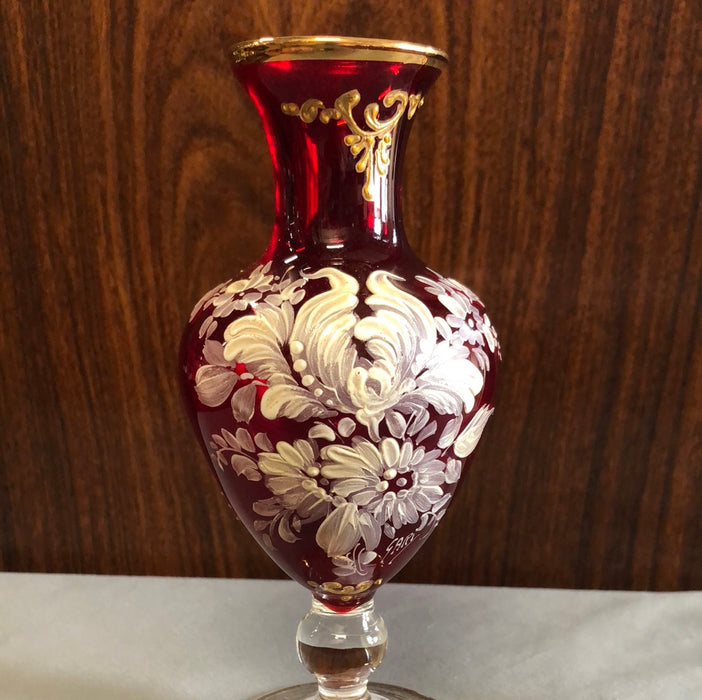 SMALL RED GLASS AND ENAMEL BOHEMIAN VASE