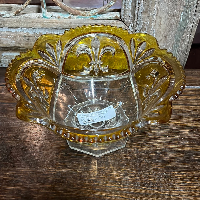 GOLD AND CLEAR PRESSED GLASS COMPOTE WITH FLEUR DI LIS