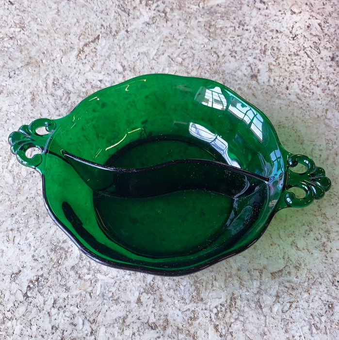 SMALL GREEN GLASS DIVIDED BOWL WITH HANDLES