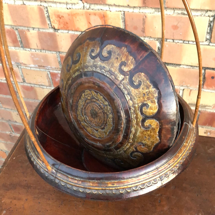 CHINESE WOOD BASKET WITH TALL HANDLES