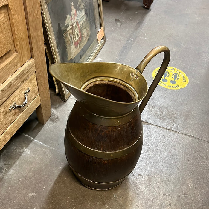 LARGE OAK BARREL AND BRASS PITCHER UMBRELLA HOLDER
