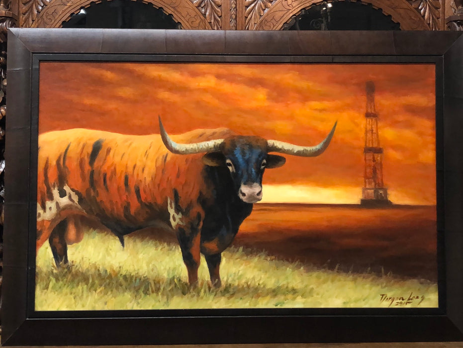 DARGAN LONG LONGHORN COW PAINTING WITH OIL DERRICK