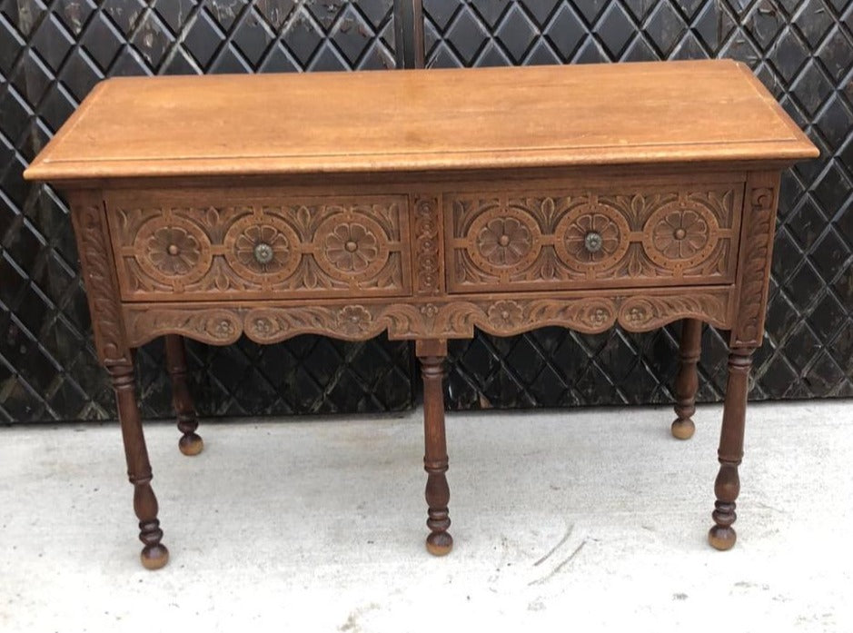 2 DRAWER OAK FLORETTES CARVED CONSOLE TABLE