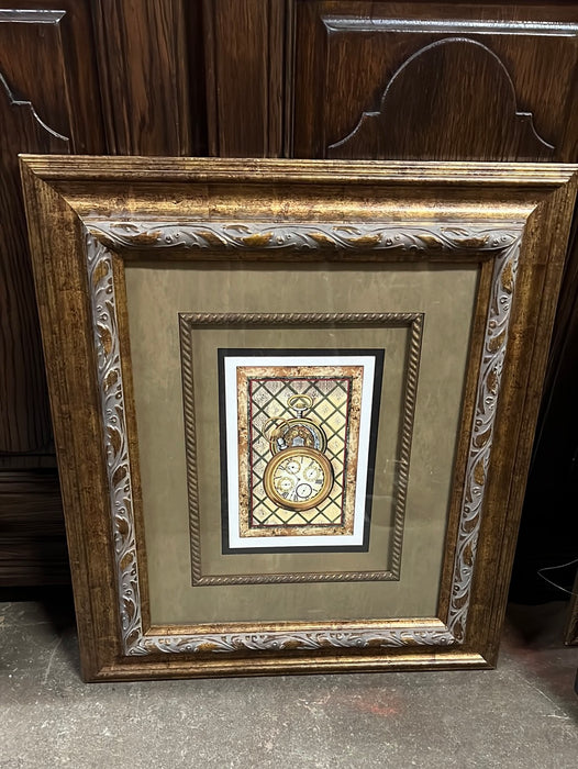 CARVED GOLD AND BROWN FRAME WITH POCKET WATCH PRINT