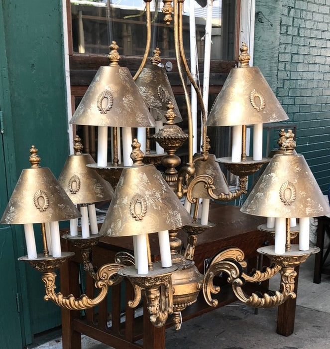 GILT METAL 8 LIGHT CHANDELIER WITH GILT METAL SHADES