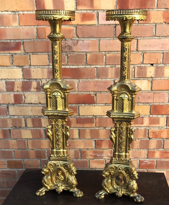 Antique Large Gothic Ornate Brass Church Candle Holder