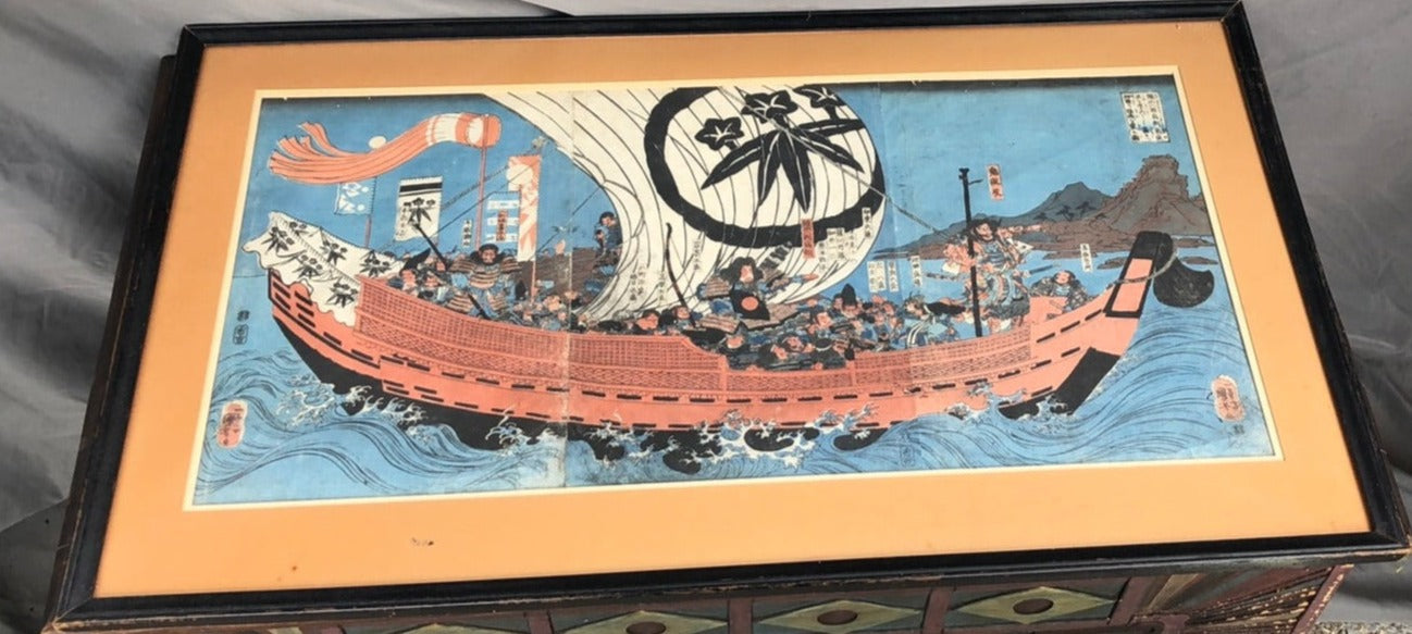 EARLY JAPANESE WAR SHIP PAINTING-SIGNED UTAGAW HIROSIGE