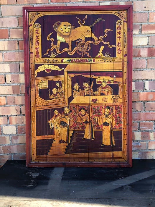 RED AND GOLD ASIAN PANEL WITH PEOPLE AND FOO DOG - EACH